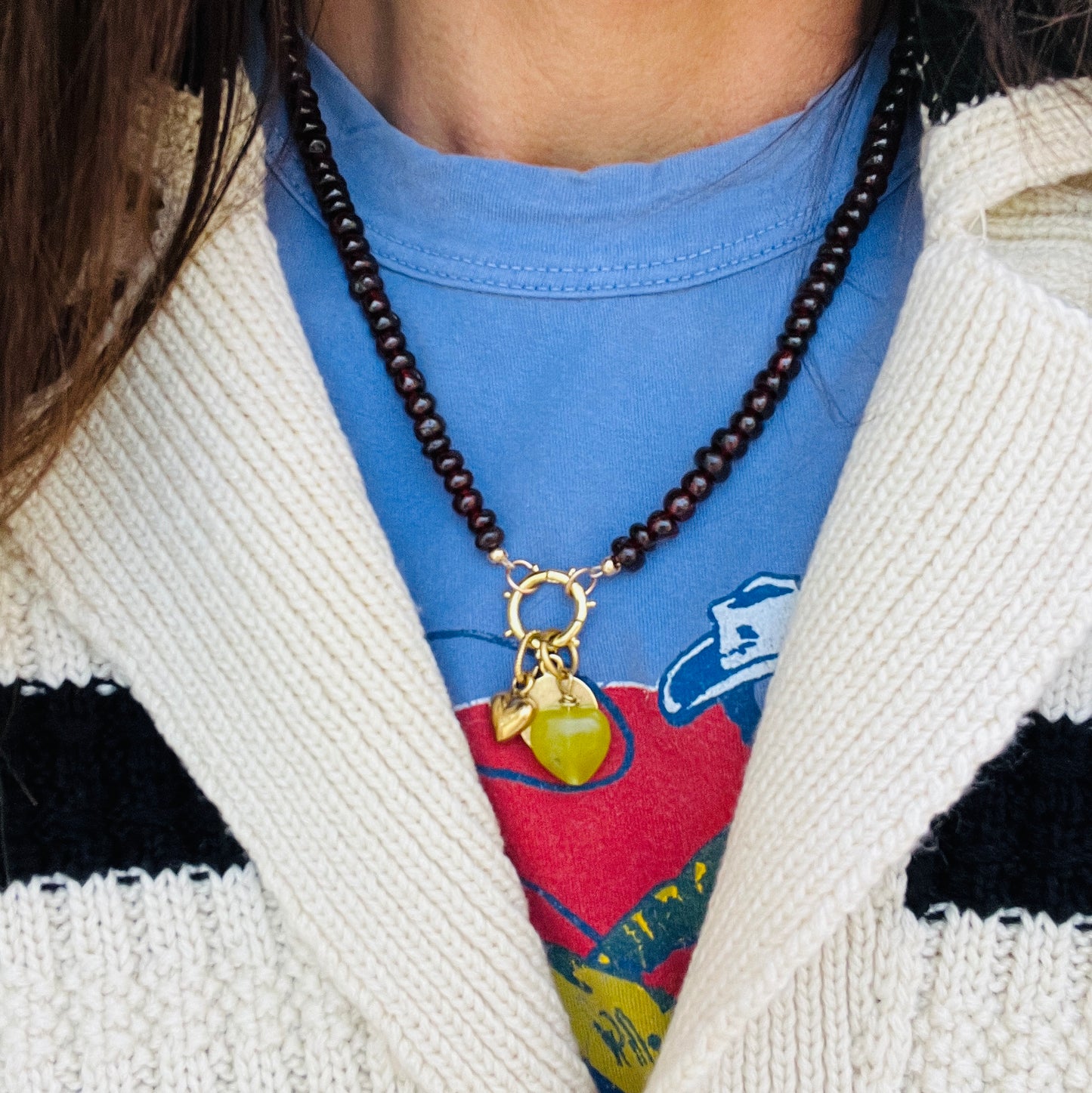 Burgundy Beaded Charm Drop Necklace