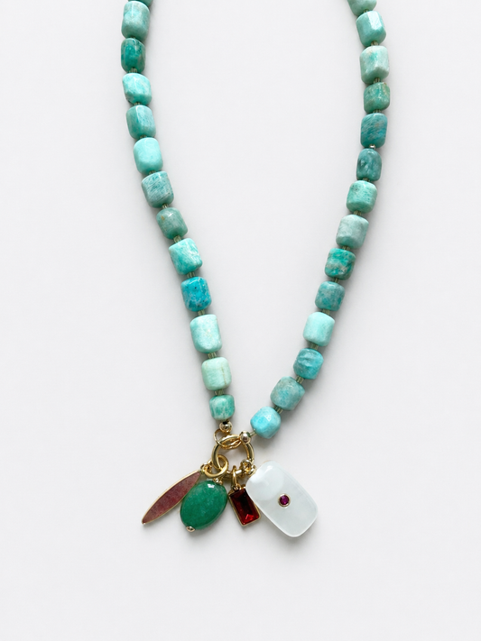 Amazonite Stone Beaded Charm Necklace