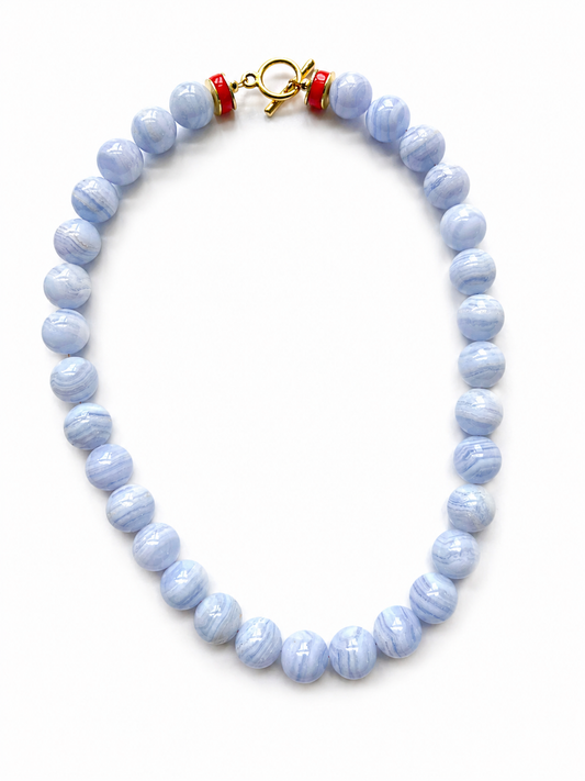 Sky Blue and Fire Red Beaded Necklace