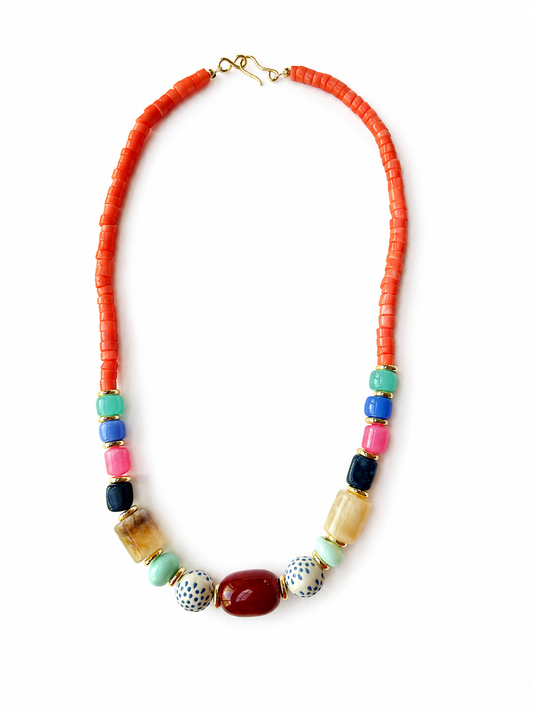 Coral and Rainbow Beaded Necklace