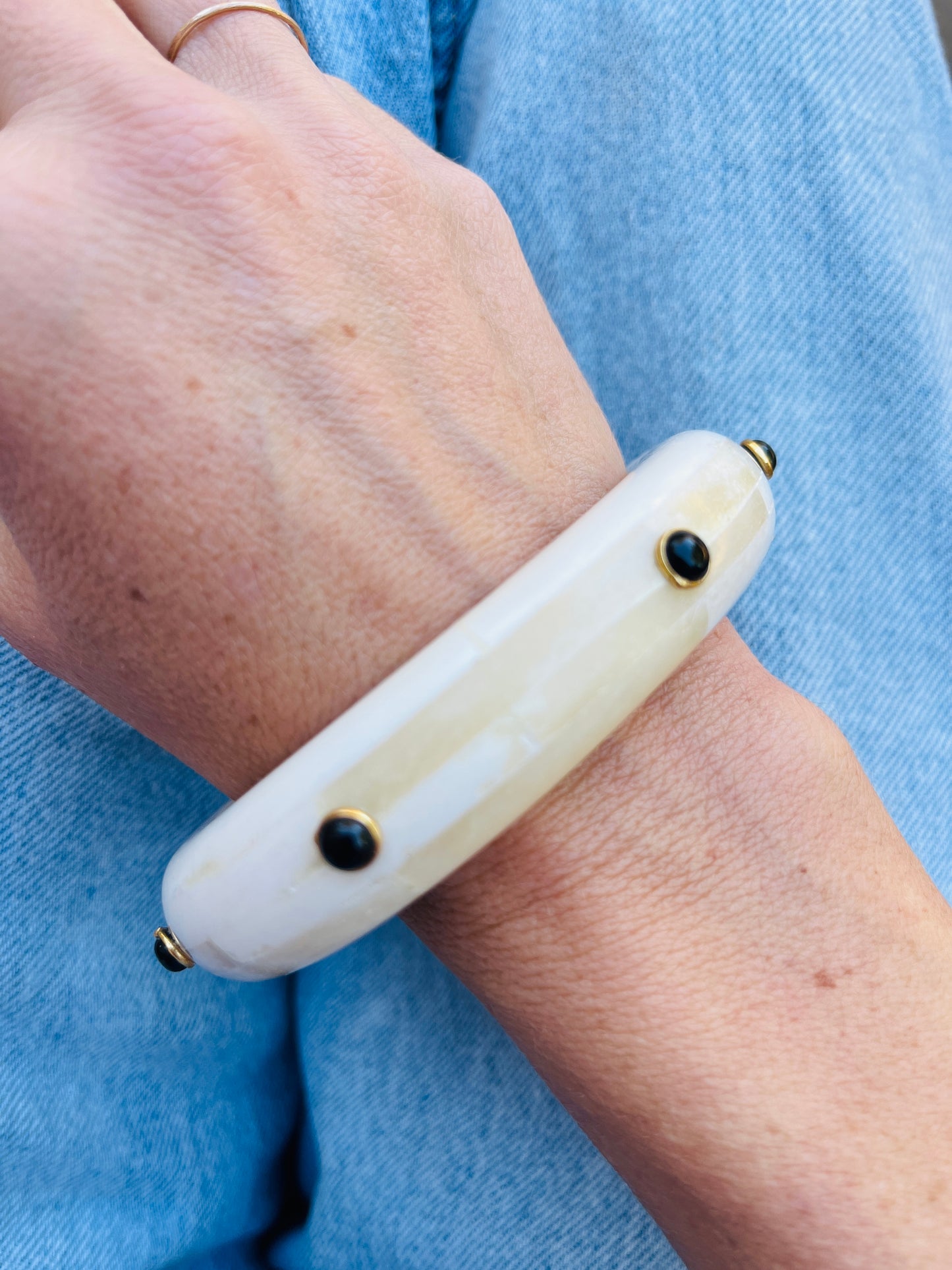 Bone Bracelet with Black Stones