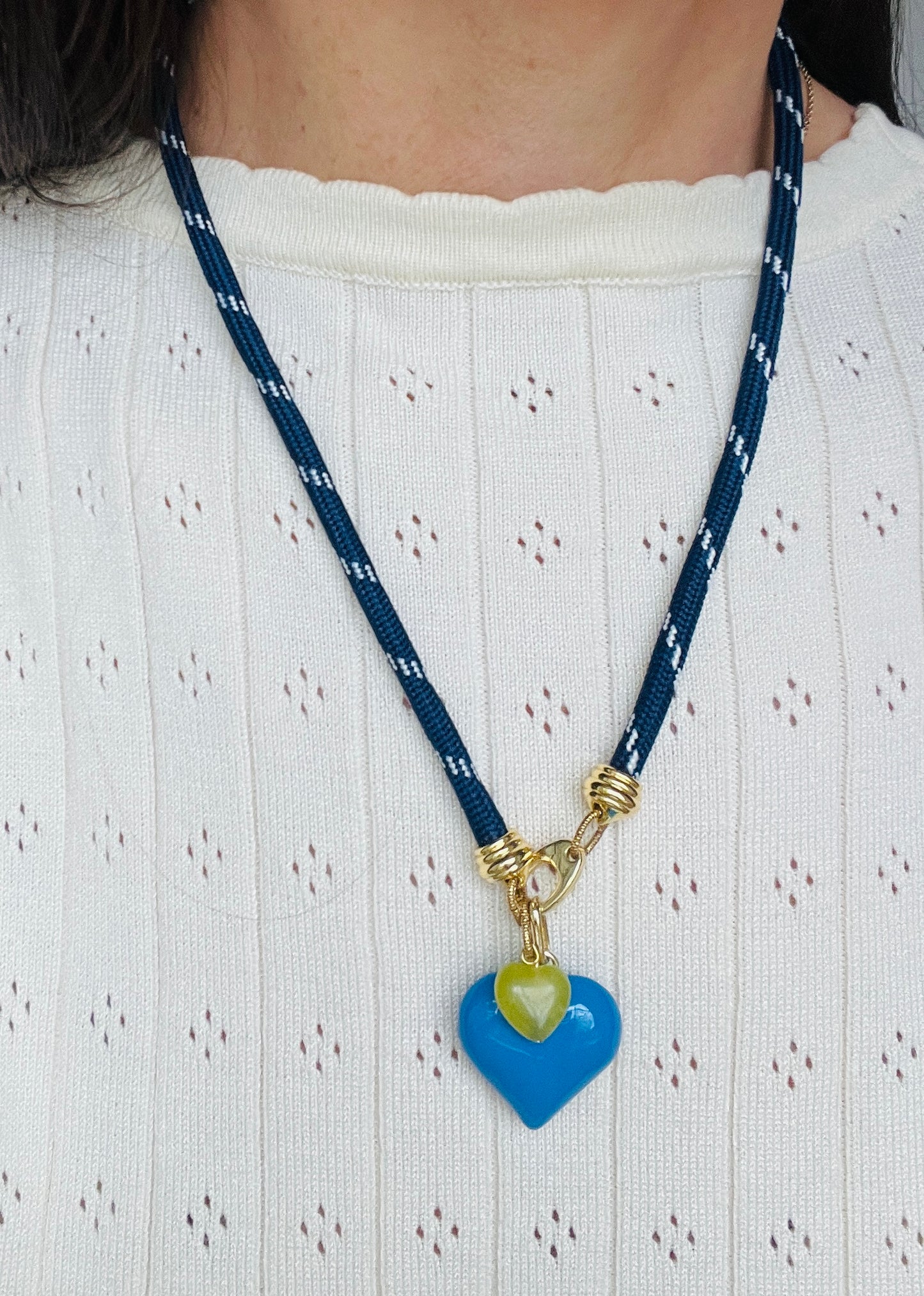 Navy Double Heart Drop Cord Necklace