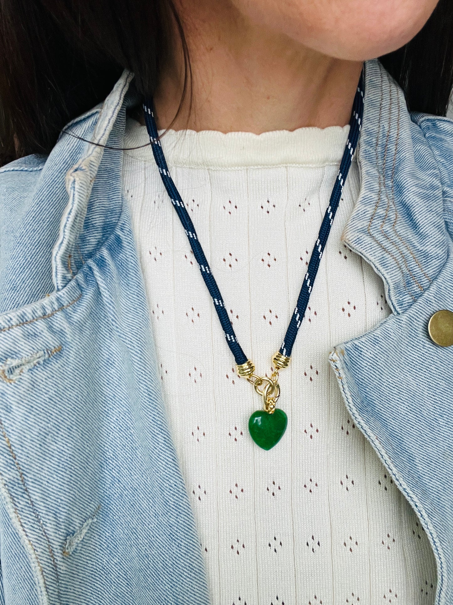 Green Stone Heart Drop Cord Necklace