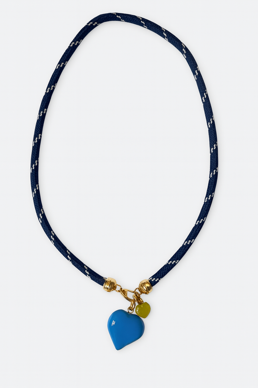 Navy Double Heart Drop Cord Necklace